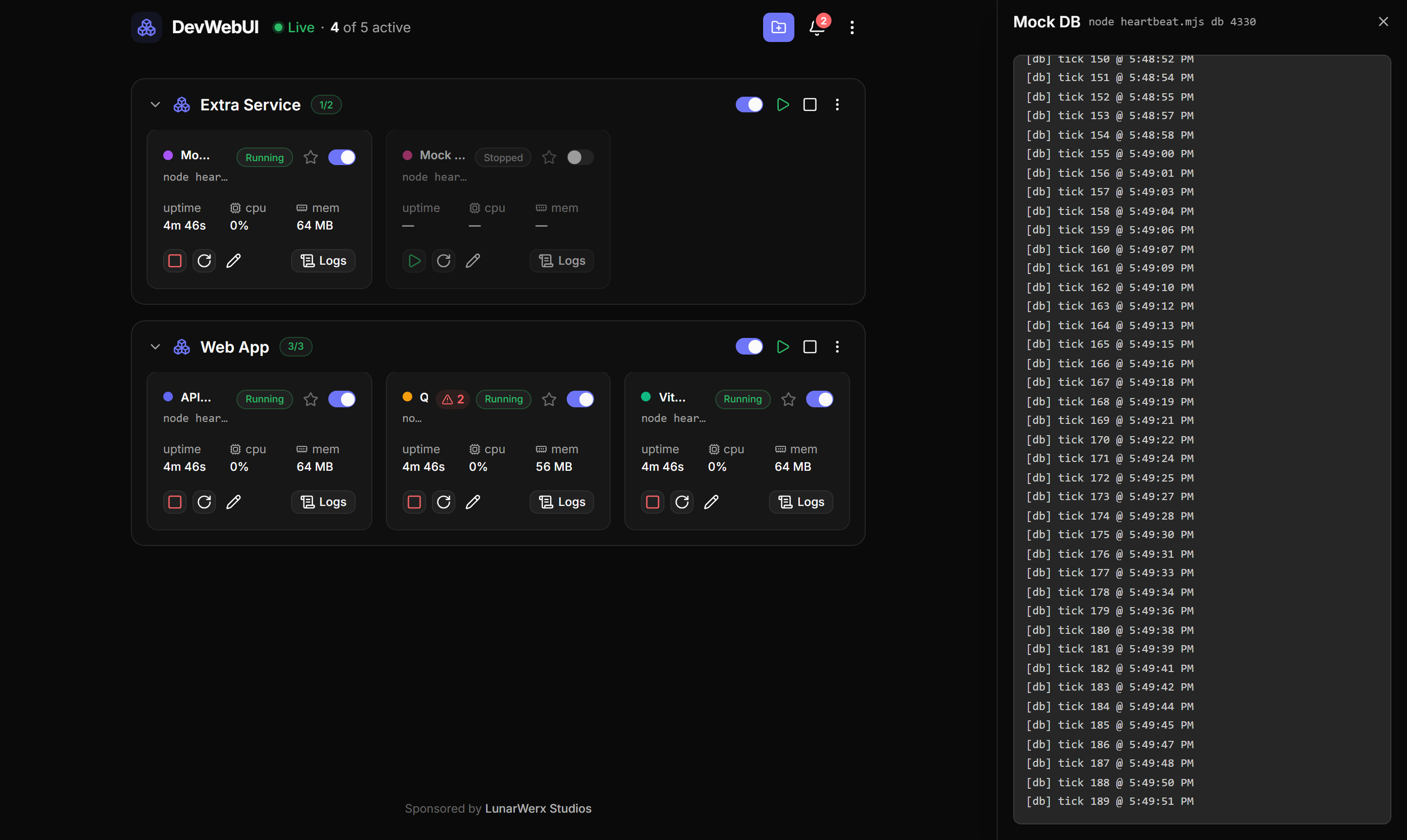 Live per-process logs streaming in DevWebUI