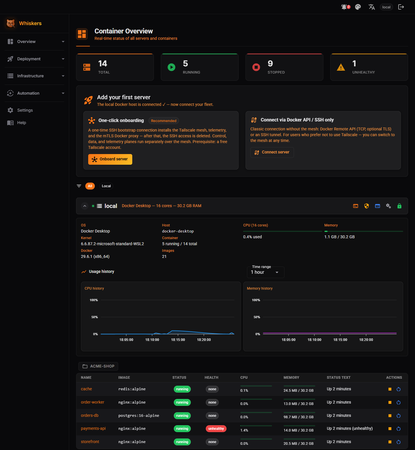 Container overview dashboard: total/running/stopped/unhealthy counts and a connected Docker host with live CPU and memory charts