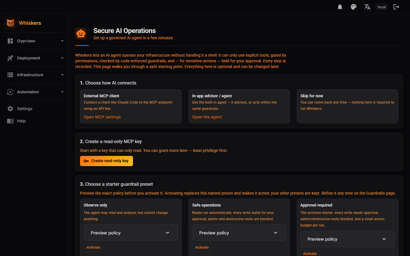 Secure AI Operations onboarding: connect a client, create a read-only key, choose a starter guardrail preset