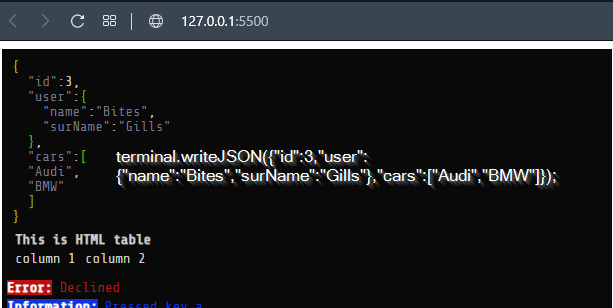 terminal.writeJSON