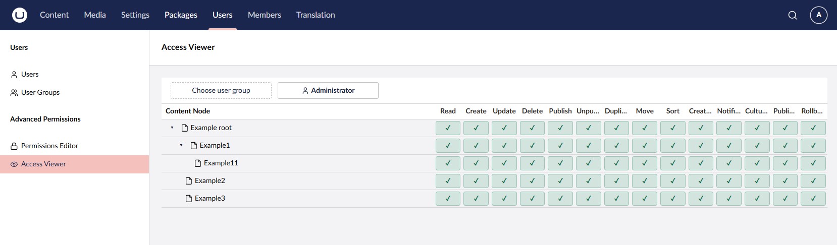 Access Viewer: effective permissions for a user or user group at a node