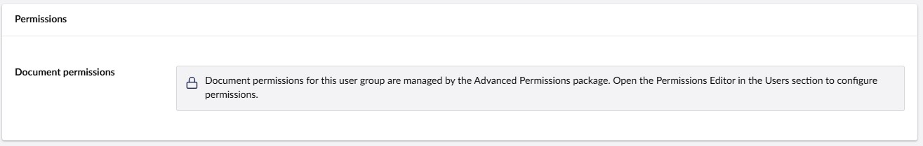 Native Documents permissions panel in the user group editor, replaced with a link to the Permissions Editor