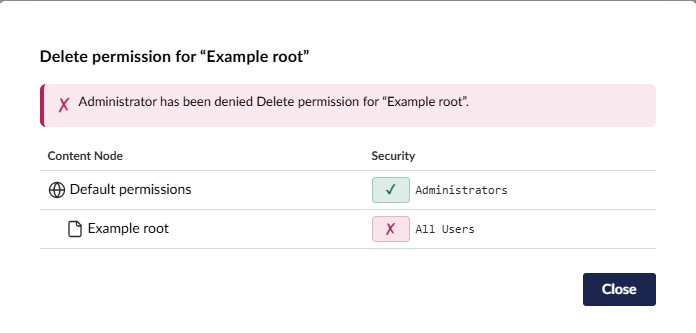 Reasoning chain detail: how a permission was resolved, with contributing user group, source node, and explicit/inherited state