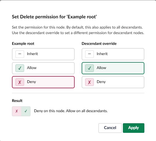 Editing a permission entry: Allow or Deny with a configurable scope