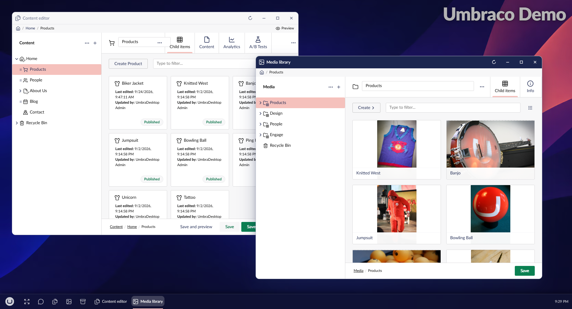 The UmbraDesktop desktop: the content editor showing a list of products and the media library showing their images, open side by side as two overlapping windows, the site's name written large in the top right corner of the wallpaper, and a taskbar along the bottom with a button for each window.