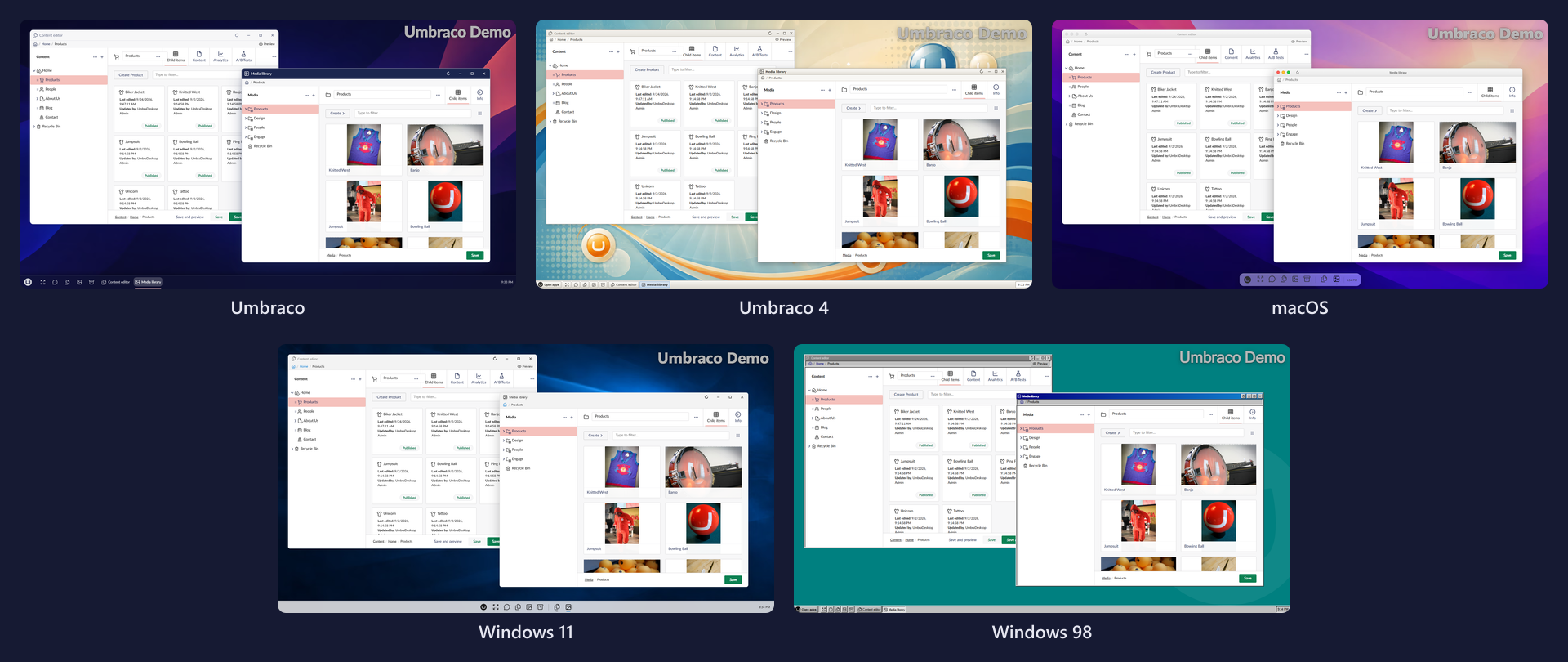 The same desktop in all five themes: Umbraco, Umbraco 4, macOS, Windows 11 and Windows 98, each over the wallpaper it brings.