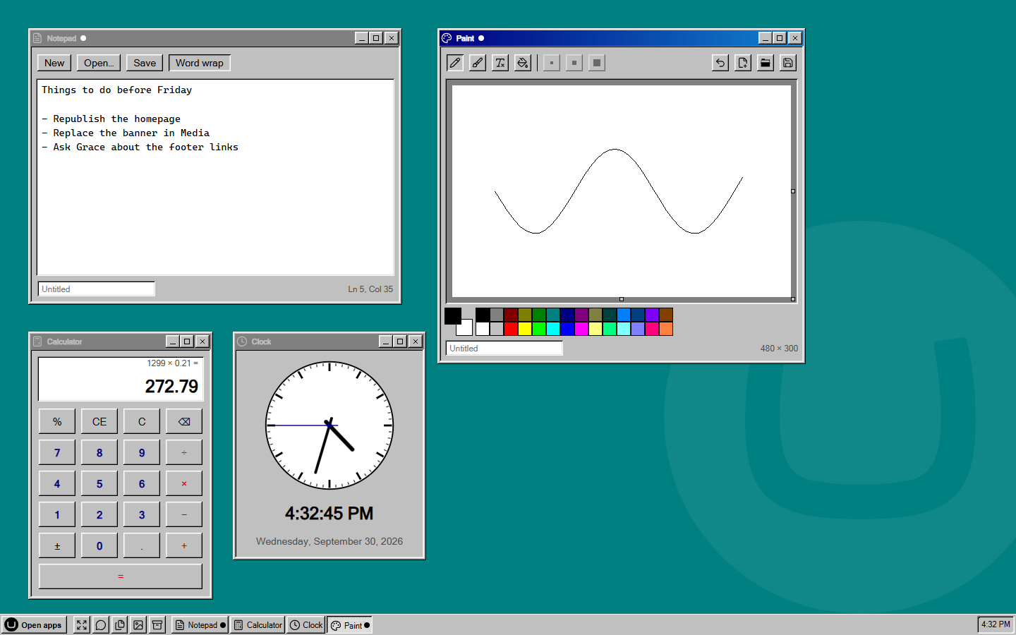 Notepad with a to-do list, Paint with a drawn curve, Calculator showing 1299 × 0.21 and Clock, each in its own window on the UmbraDesktop desktop under the Windows 98 theme, with a taskbar button for each.