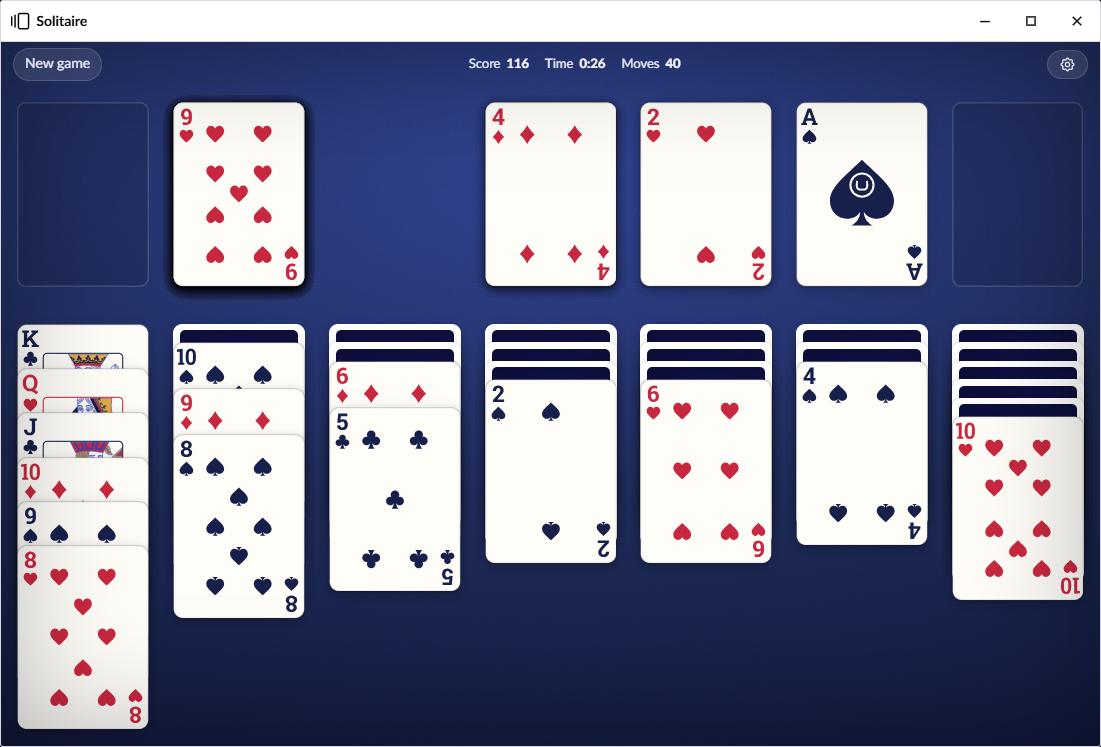 Solitaire open in its own window on the UmbraDesktop desktop, a Klondike game on the card table with the stock, waste, four foundations and seven columns, and the settings button in the top right corner.