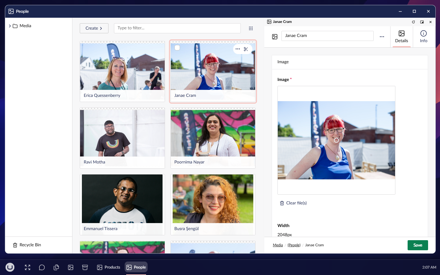 A Media Manager window on the People folder in a two-column grid of photos, with one photo open beside it in Umbraco's own media editor and its card ringed in pink, under the Umbraco theme.