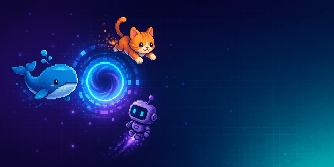 Project artwork showing a whale, cat, and robot as example custom pets