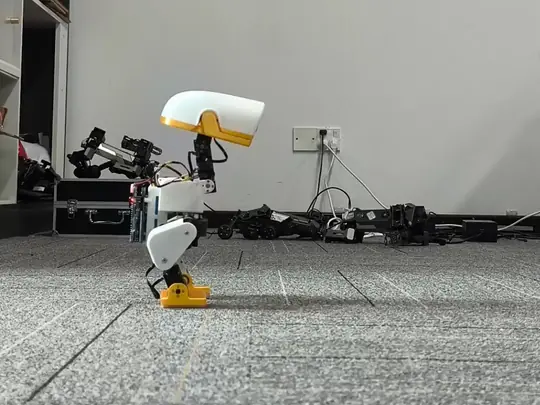 A duck-shaped biped robot performing a somersault in a looping animation