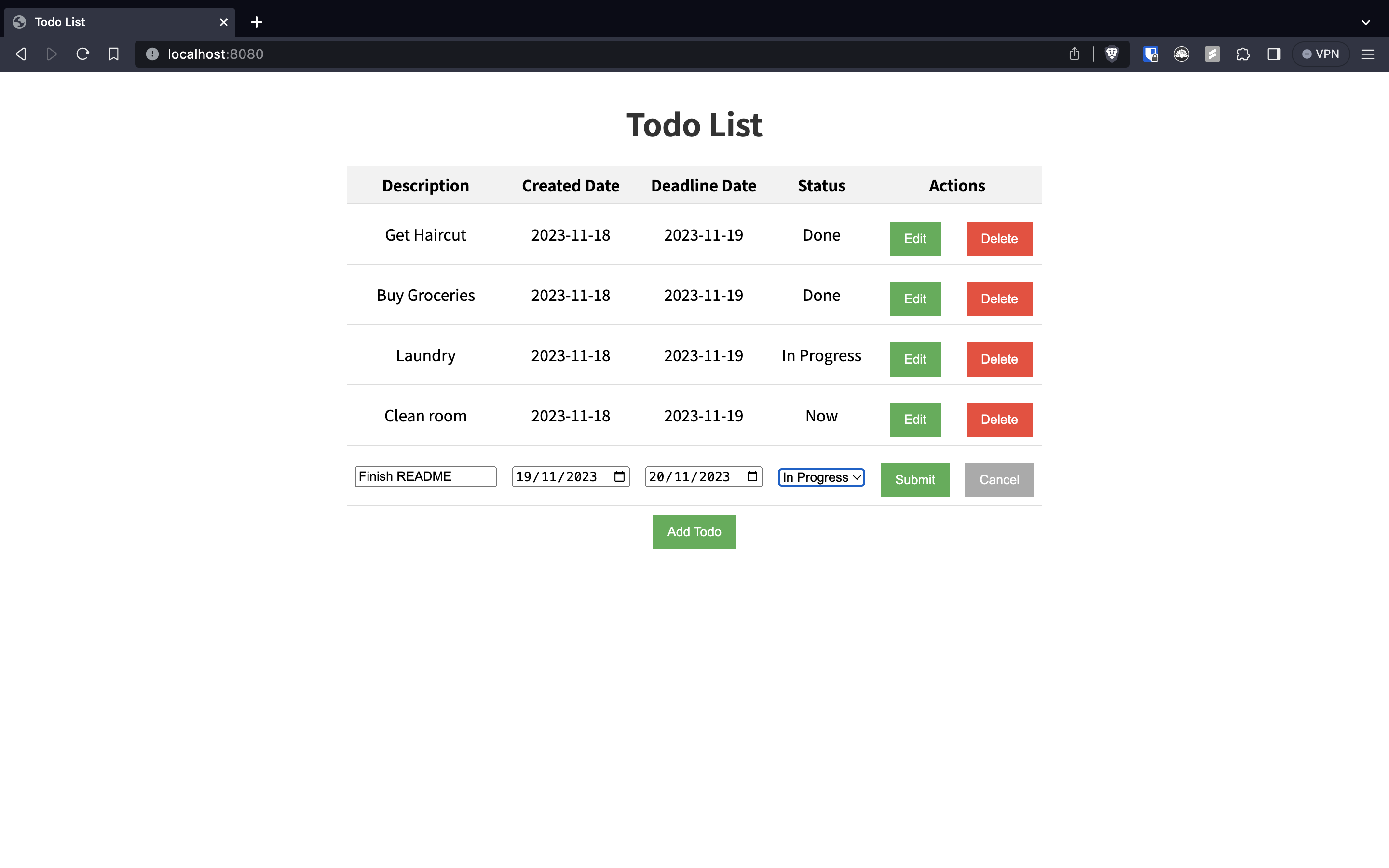 Screenshot of the TODO app