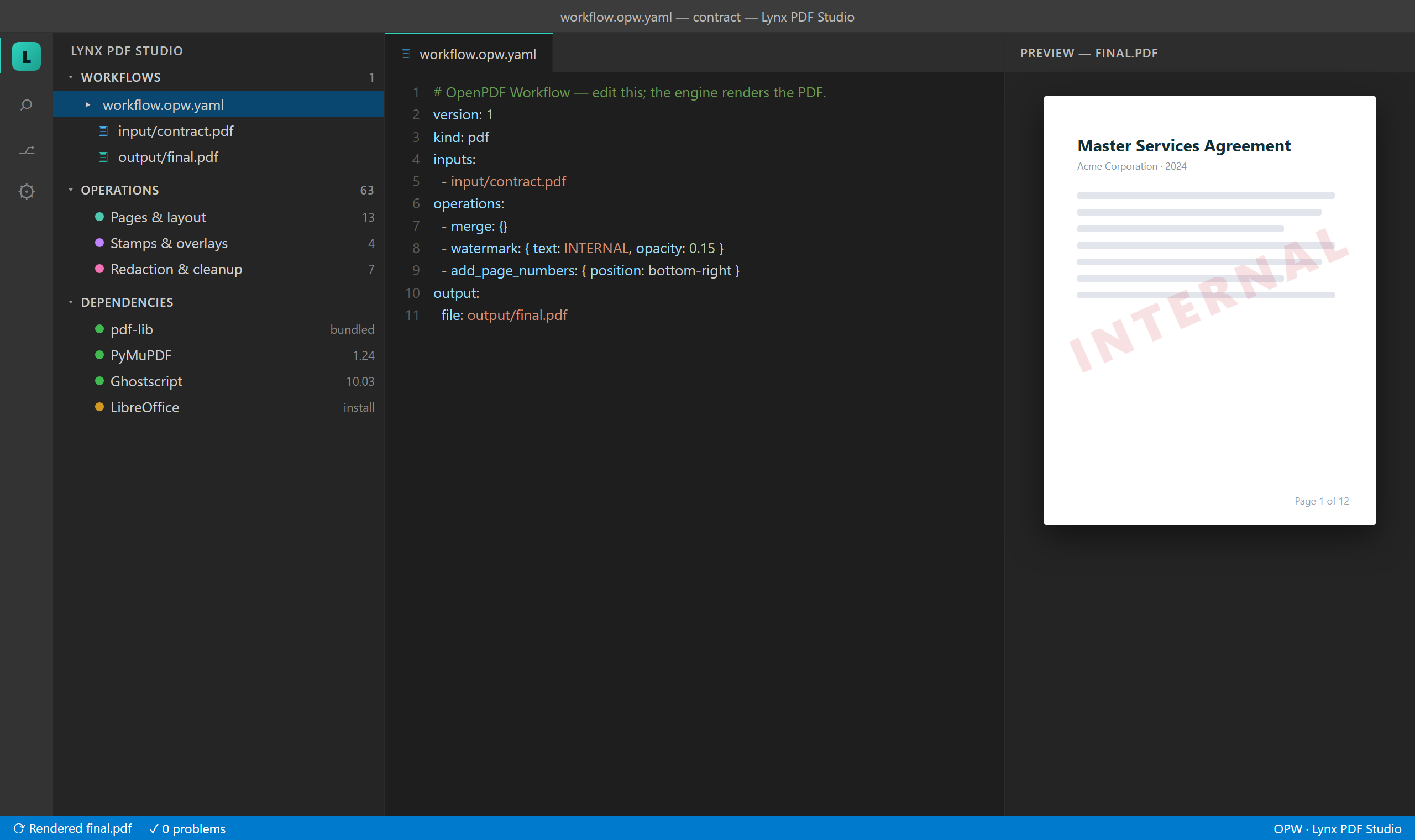 Editing an OPW workflow with live PDF preview, the operations sidebar, and color-coded dependencies