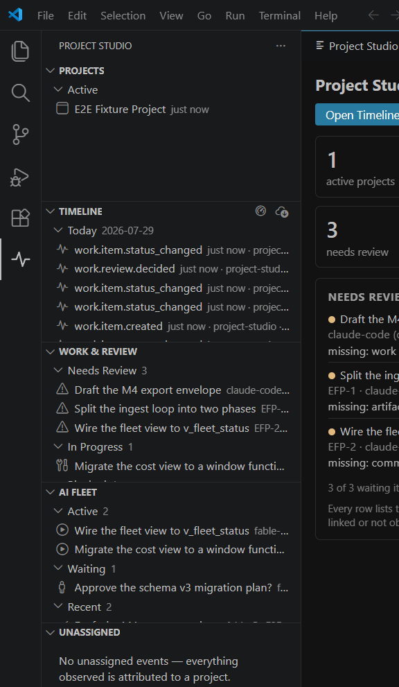 AI Fleet view: sessions grouped Active, Waiting, Recent, and Failed, with "needs you" flagged separately from waiting-on-tool