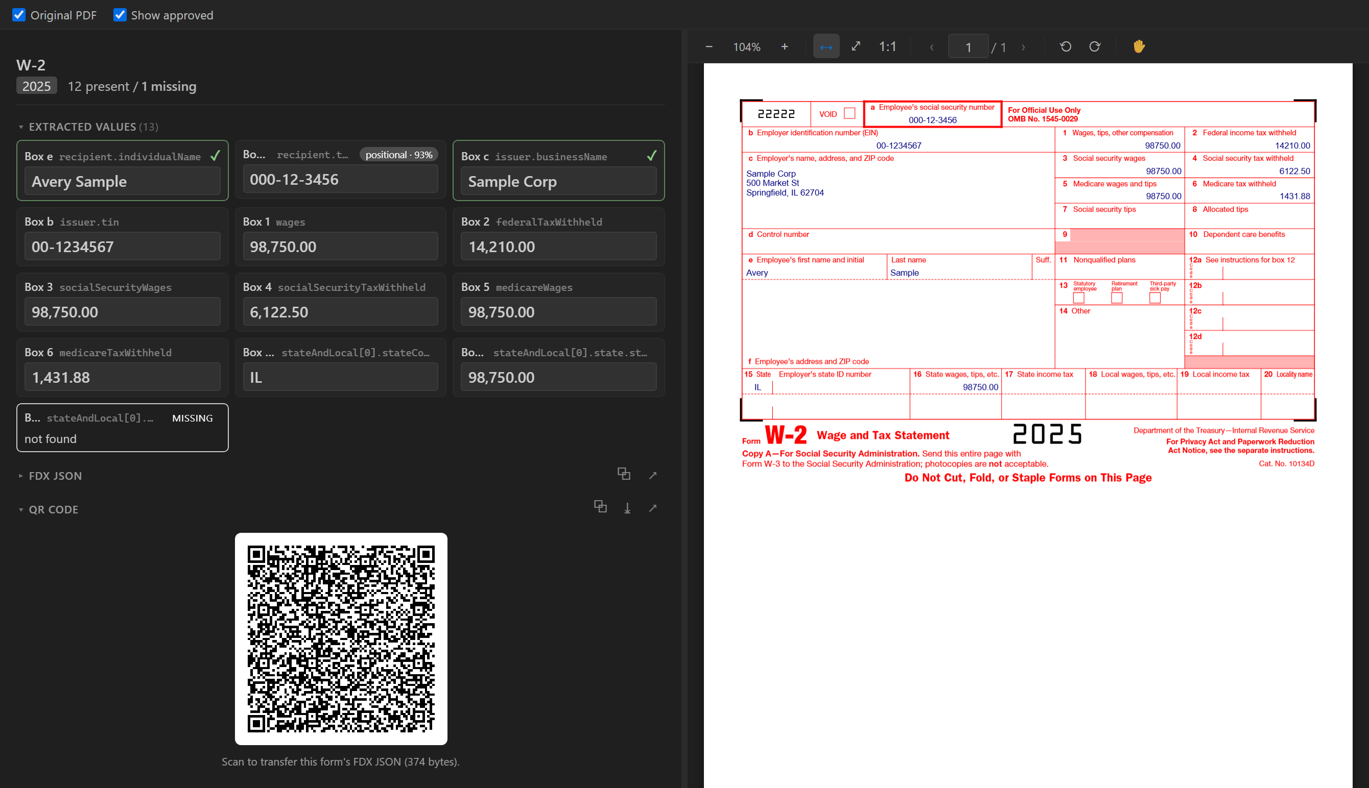 Document Review split view — extracted W-2 values on the left (Box 17 flagged missing, plus a scannable FDX QR) beside the original IRS W-2 on the right