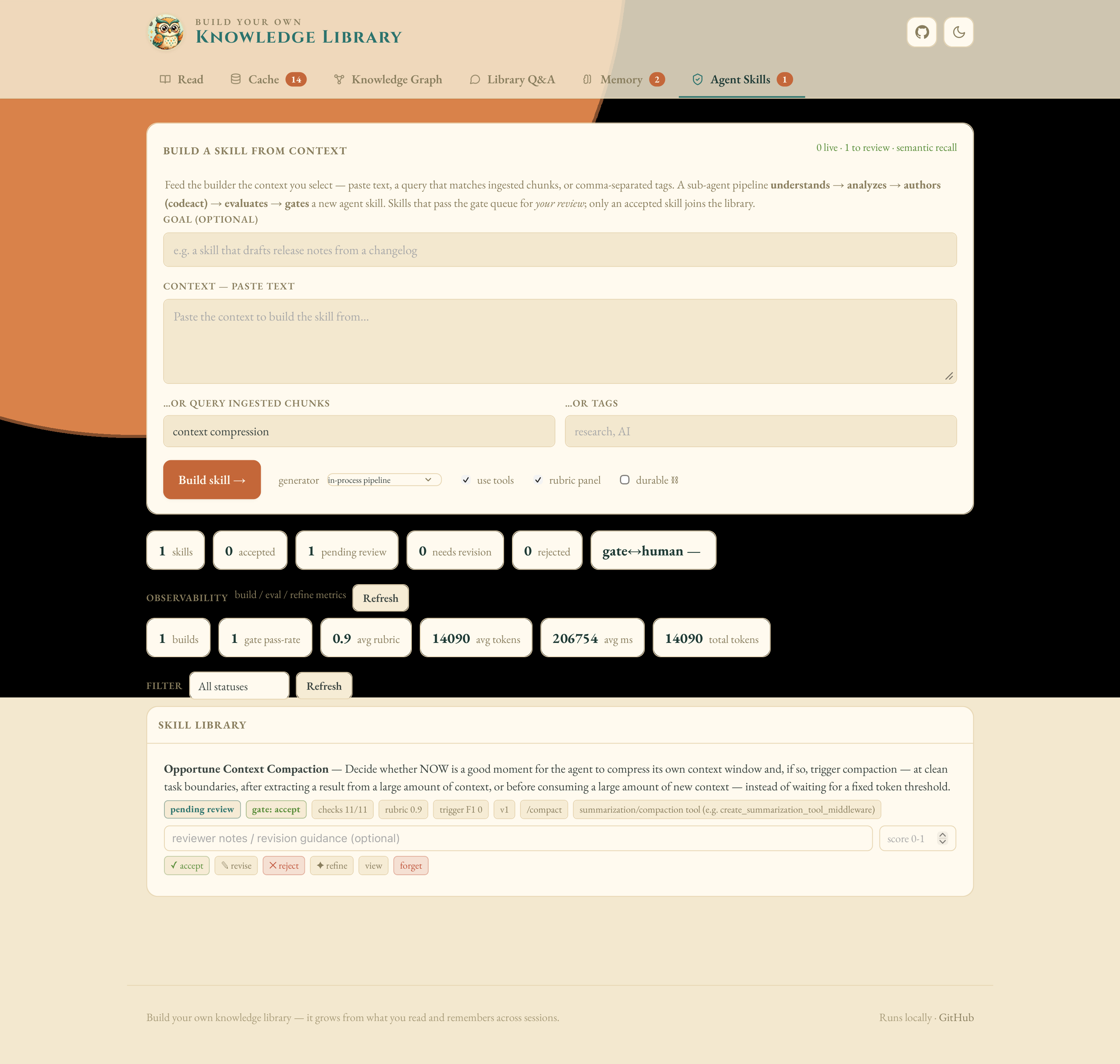 Agent Skills tab — build, evaluate and gate skills