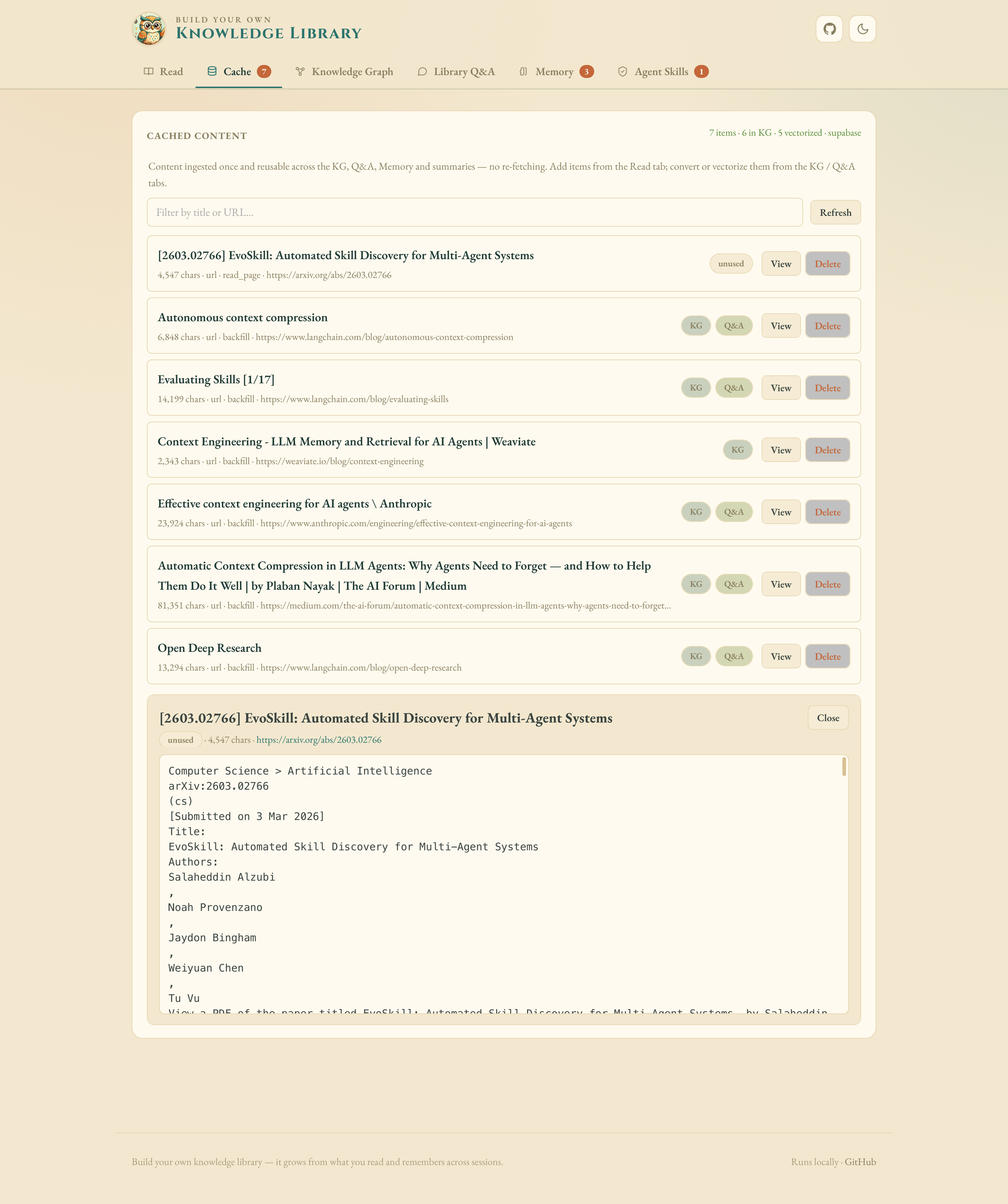 Cache tab — cached content reused across the app
