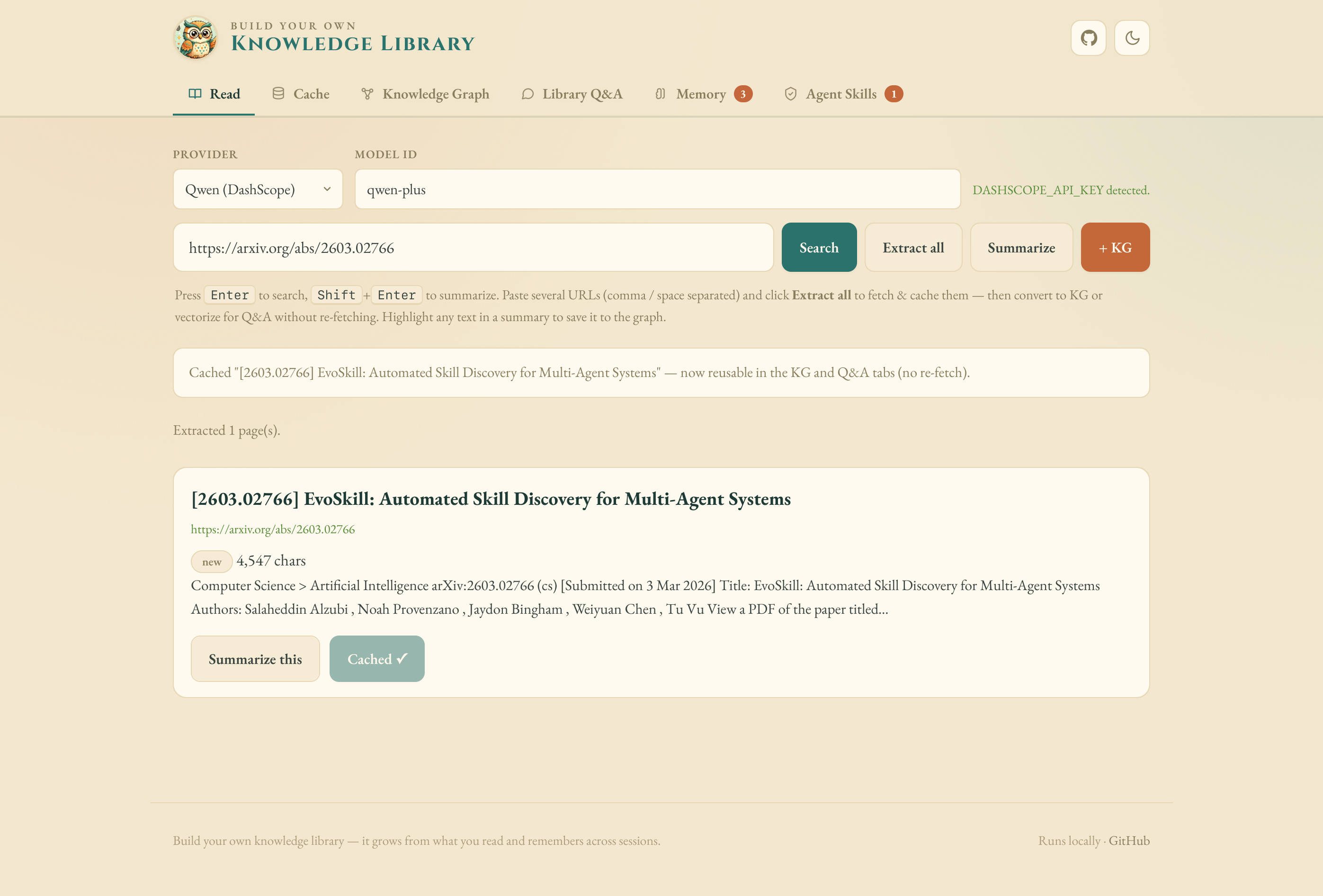 Read tab — search, fetch, extract and cache a page