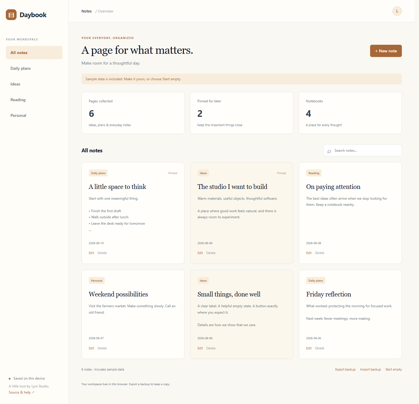Daybook with sample data