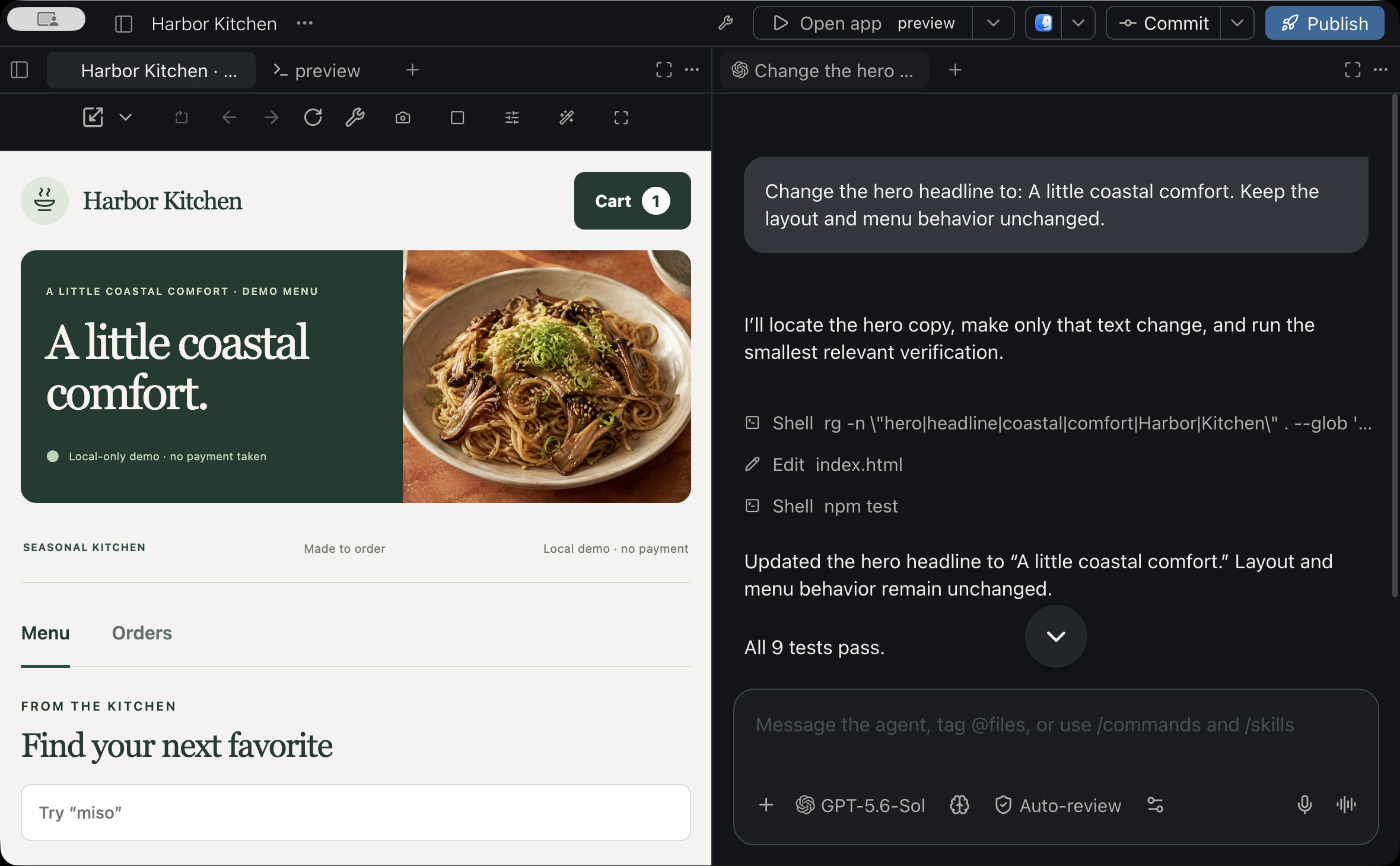 Lyre Studio showing a coding agent and the running Harbor Kitchen sample app side by side