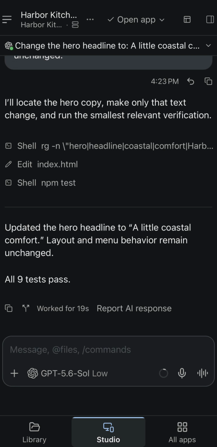 Reviewing an agent's completed change on iPhone