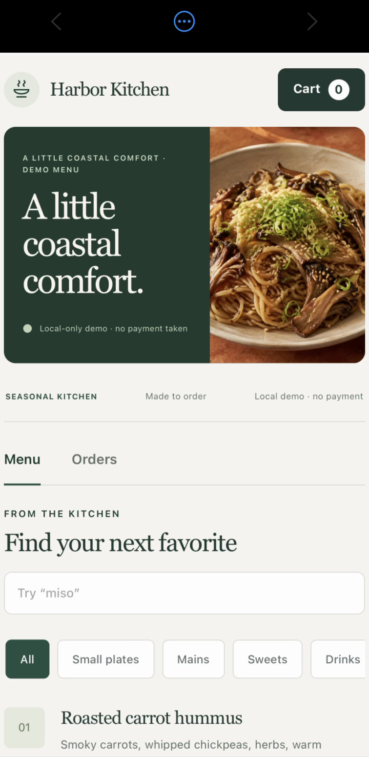 Using the Harbor Kitchen sample website in Lyre's iPhone preview