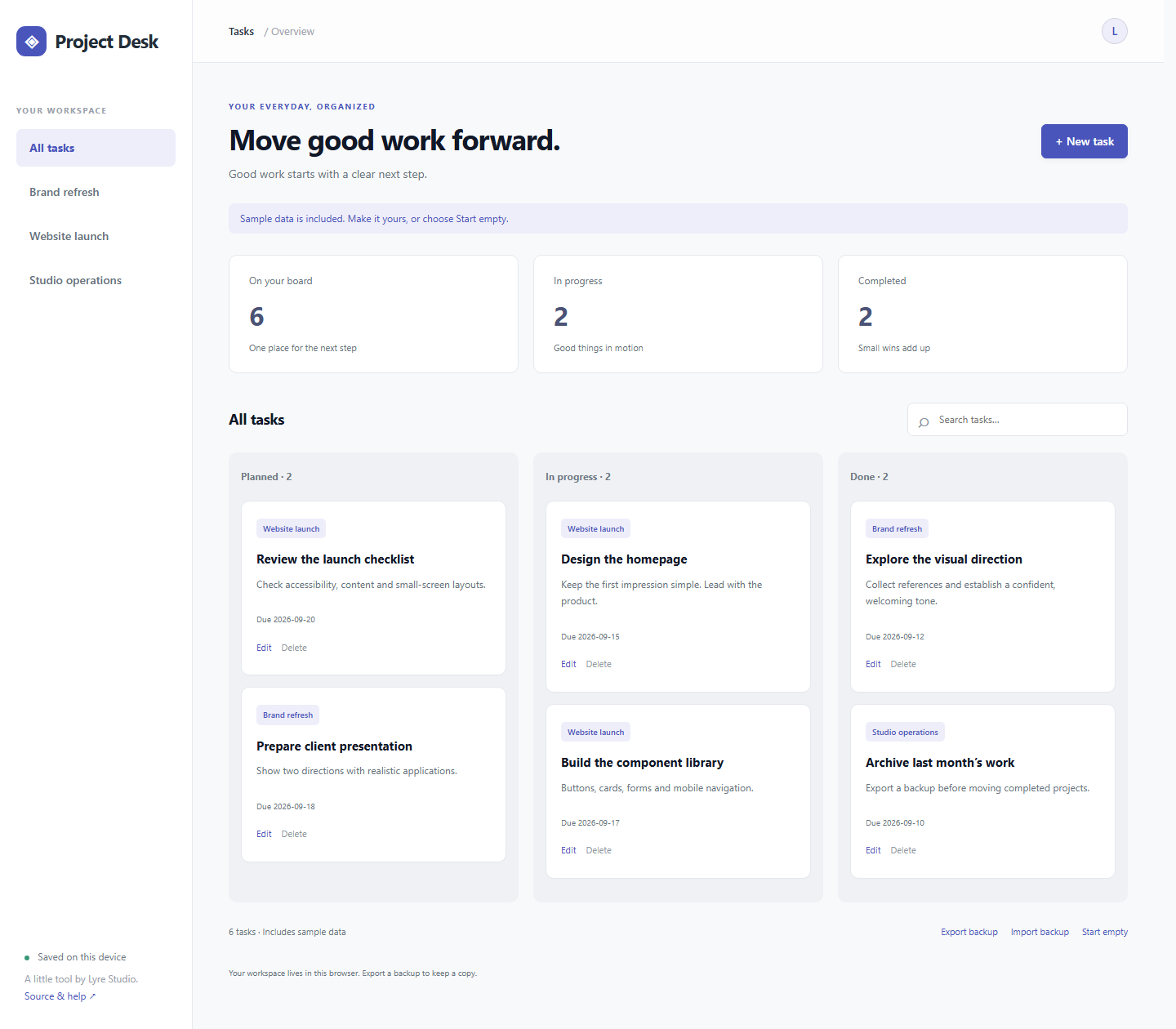Project Desk with sample data