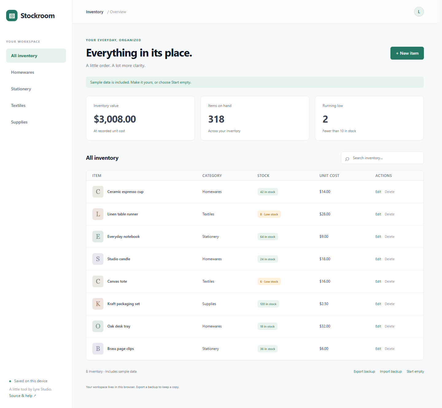Stockroom with sample data