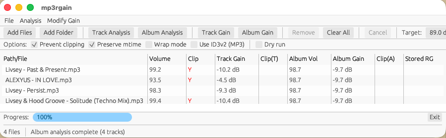 mp3rgui showing track and album ReplayGain analysis for a batch of files