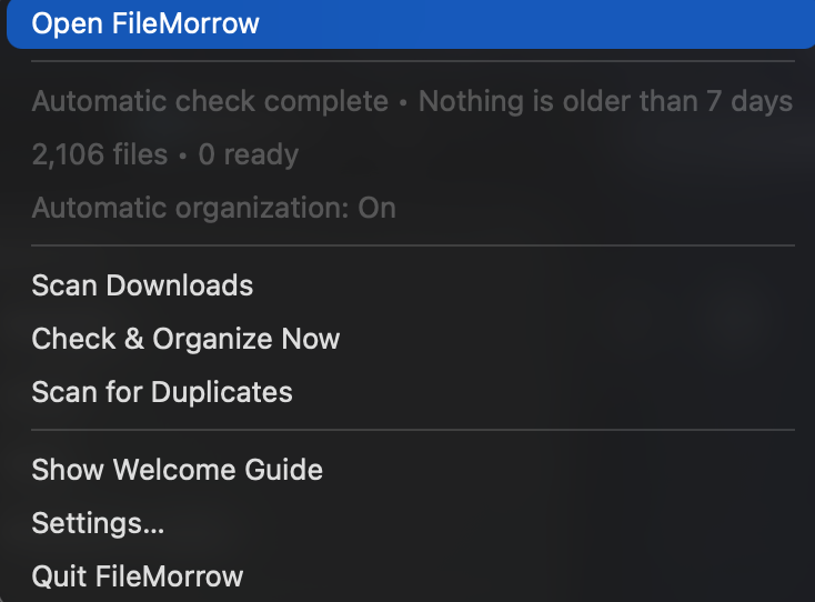 FileMorrow menu-bar companion showing automatic organization controls