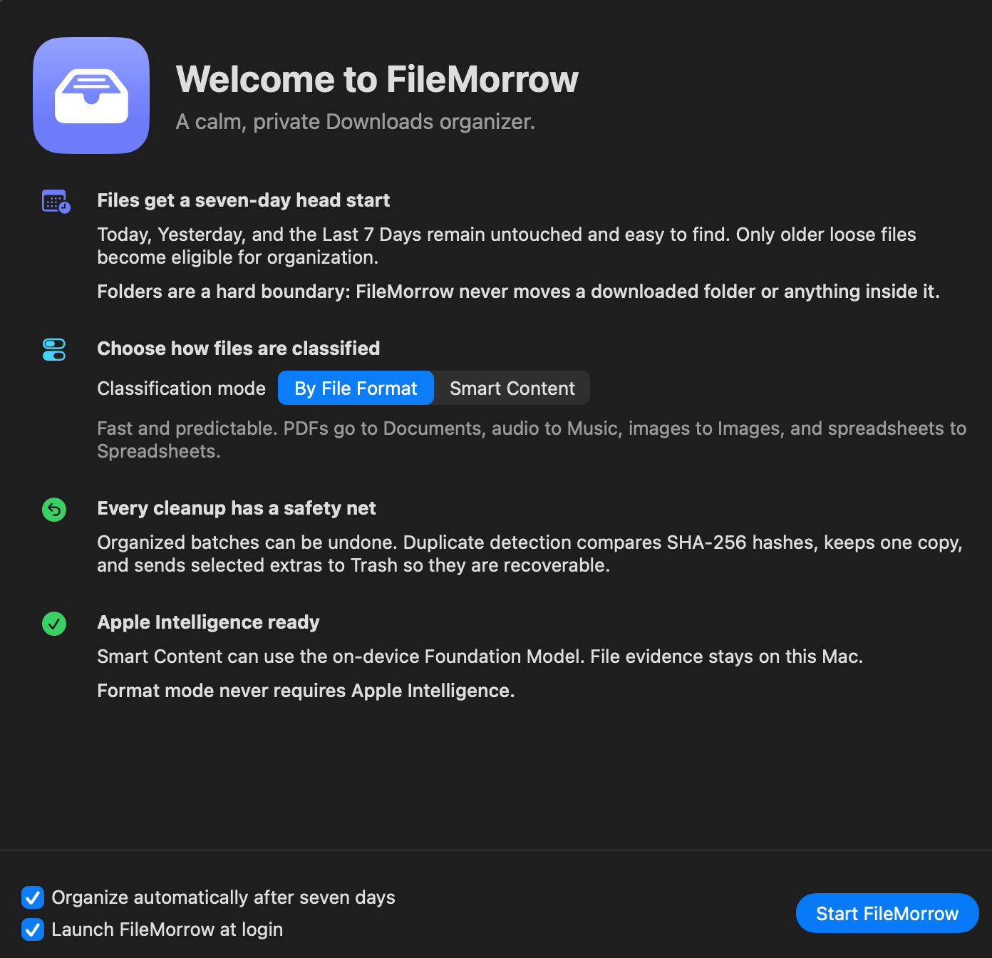 FileMorrow welcome guide with format and Smart Content modes