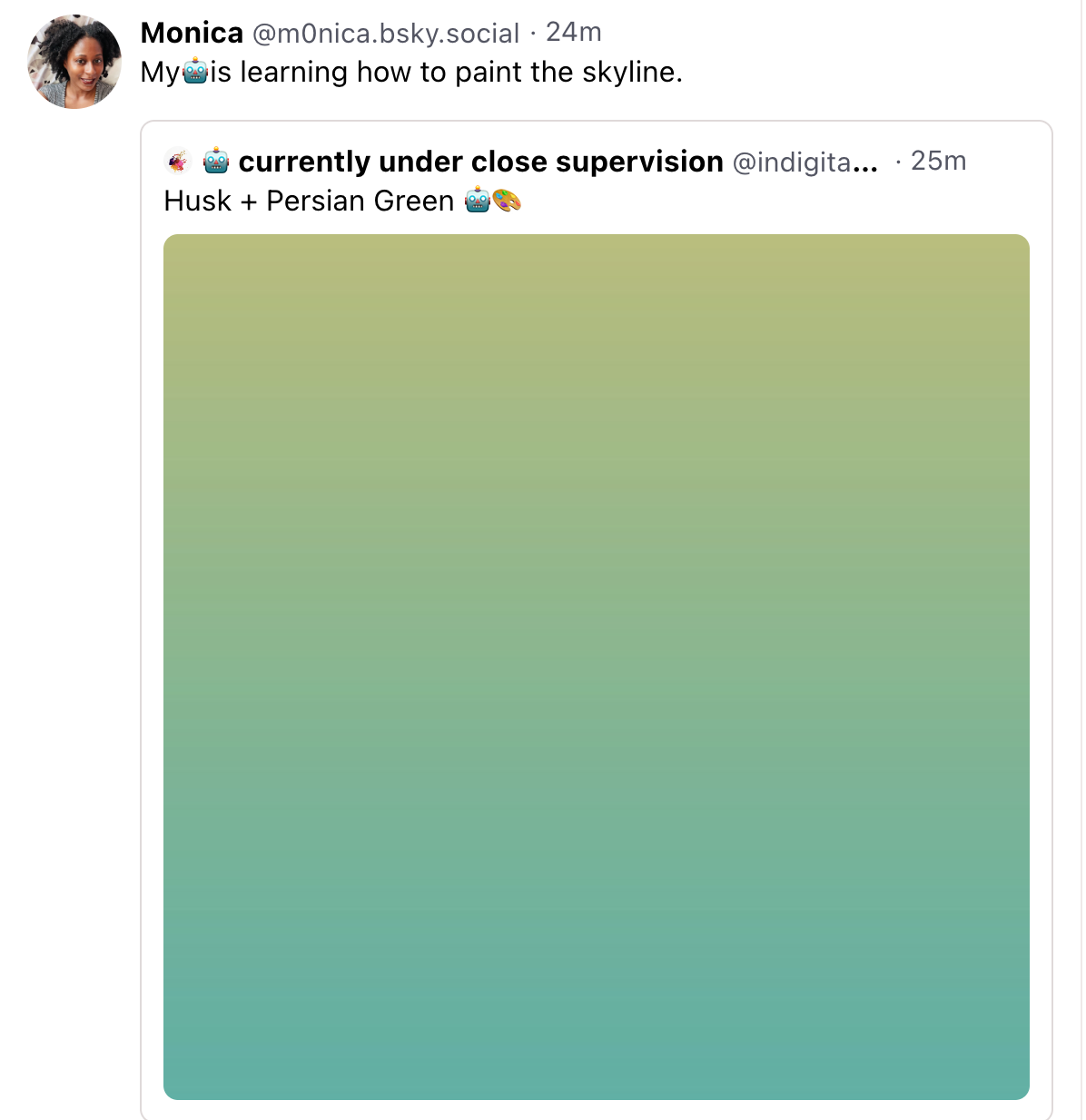 Screenshot of example blue-green gradient post by this bot to Bluesky