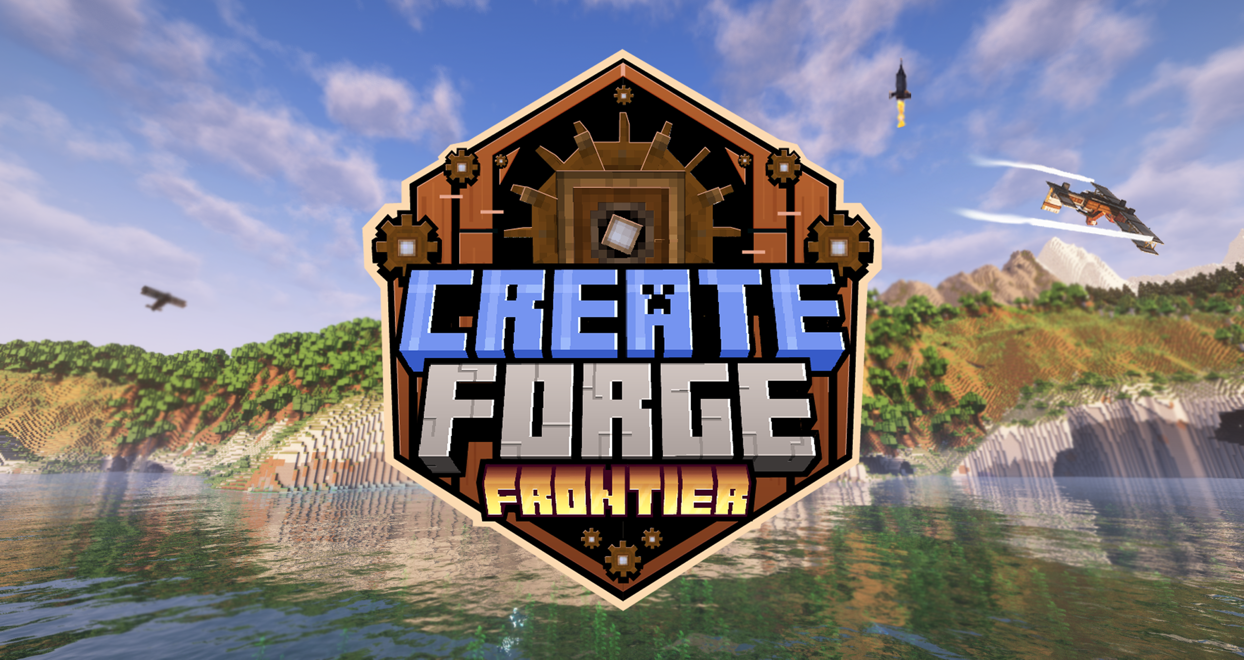 Create - Forge Frontier logo with Beautiful Cliff side in the Background