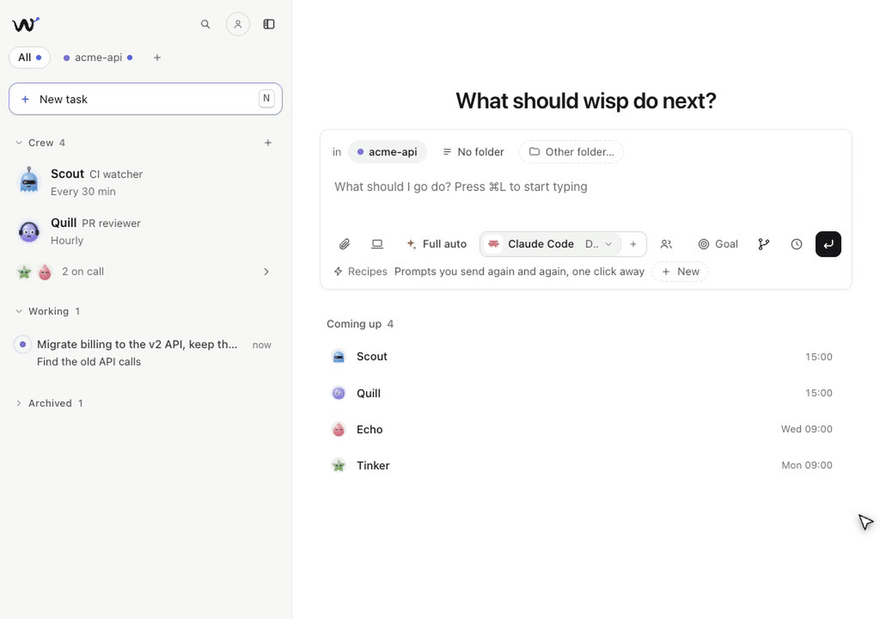wisp: send a task off, answer the agent's question in one click, read the report, then a crew member checks in and another takes a job by @mention