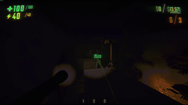 Green beam highlighting a light object
