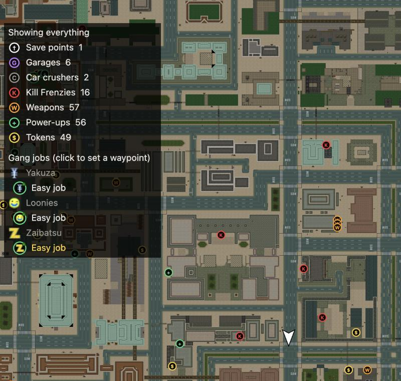 Mapa de GTA 2 no navegador com trabalhos de gangues e pontos de interesse