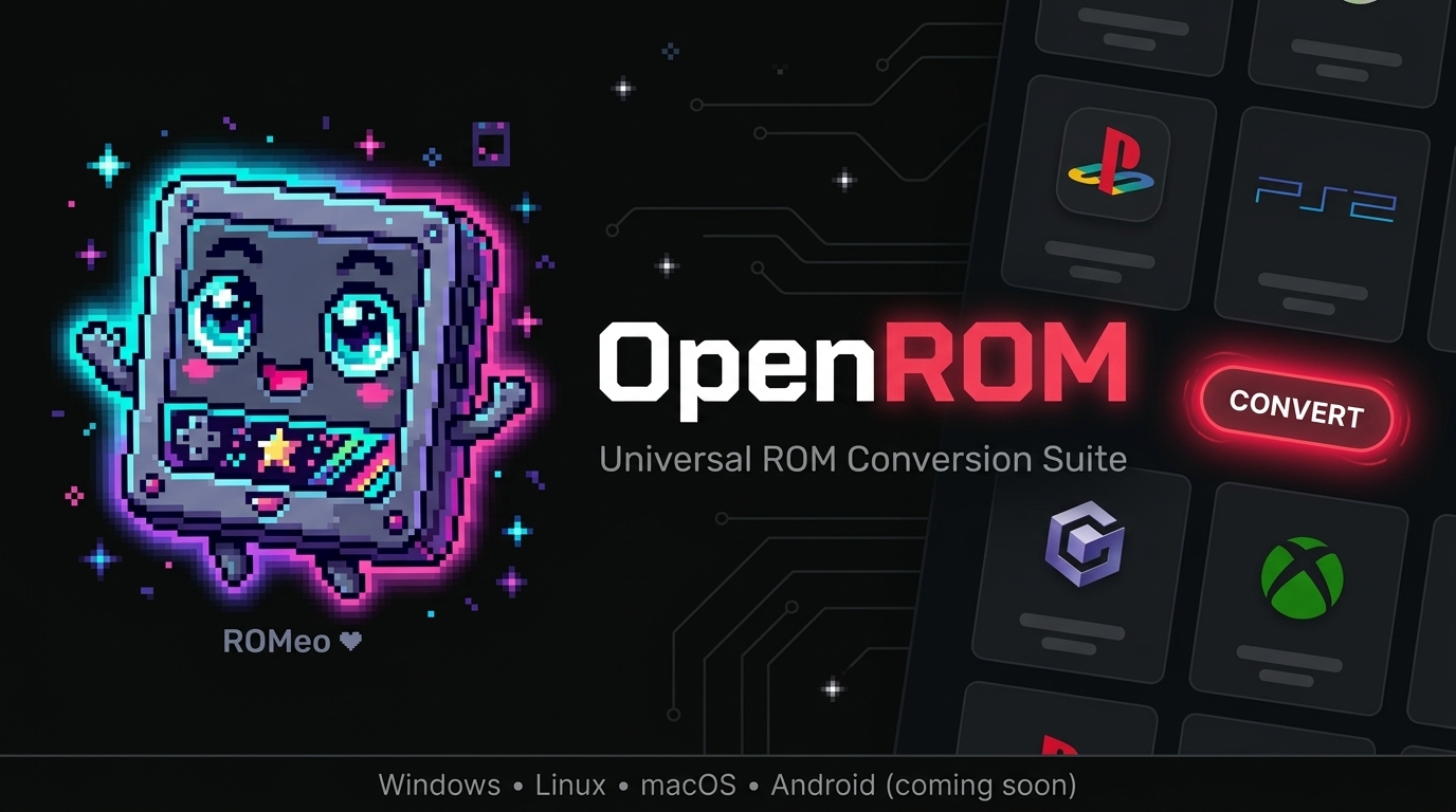 OpenROM universal retro gaming toolkit banner featuring the ROMeo mascot