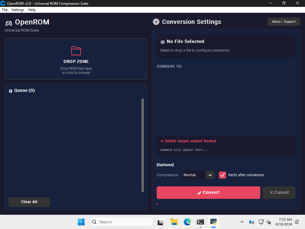OpenROM Flutter desktop interface with ROM cards and platform badges