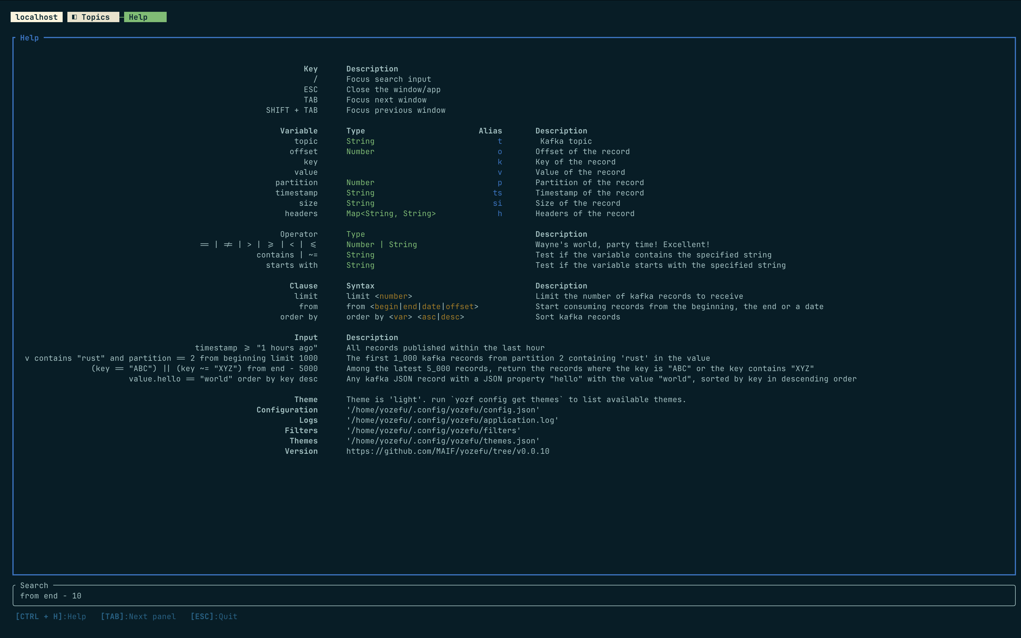 View of the help page