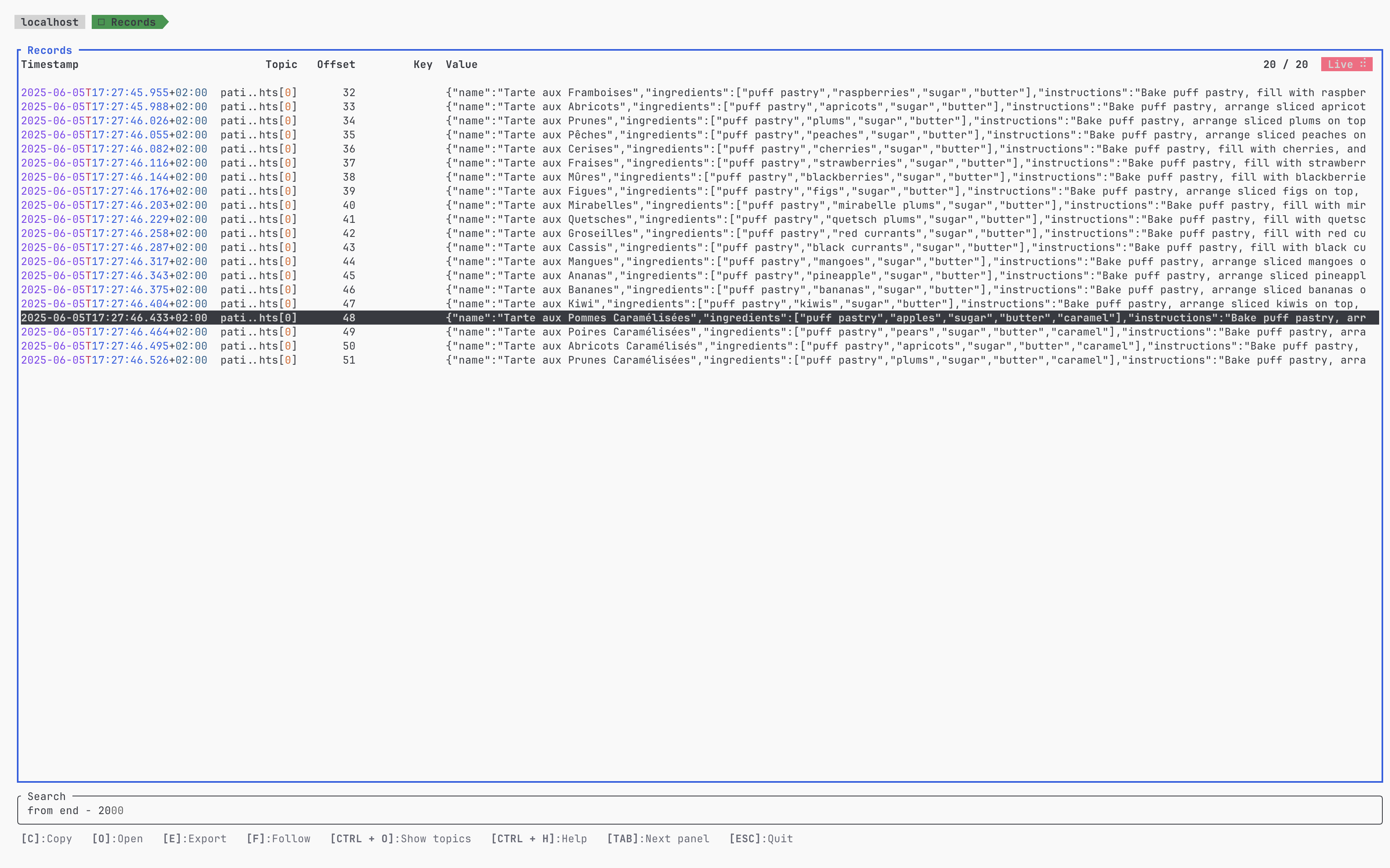 A TUI listing the consumed kafka records with their timestamps, their partition, their offset and an excerpt of the key and the value.