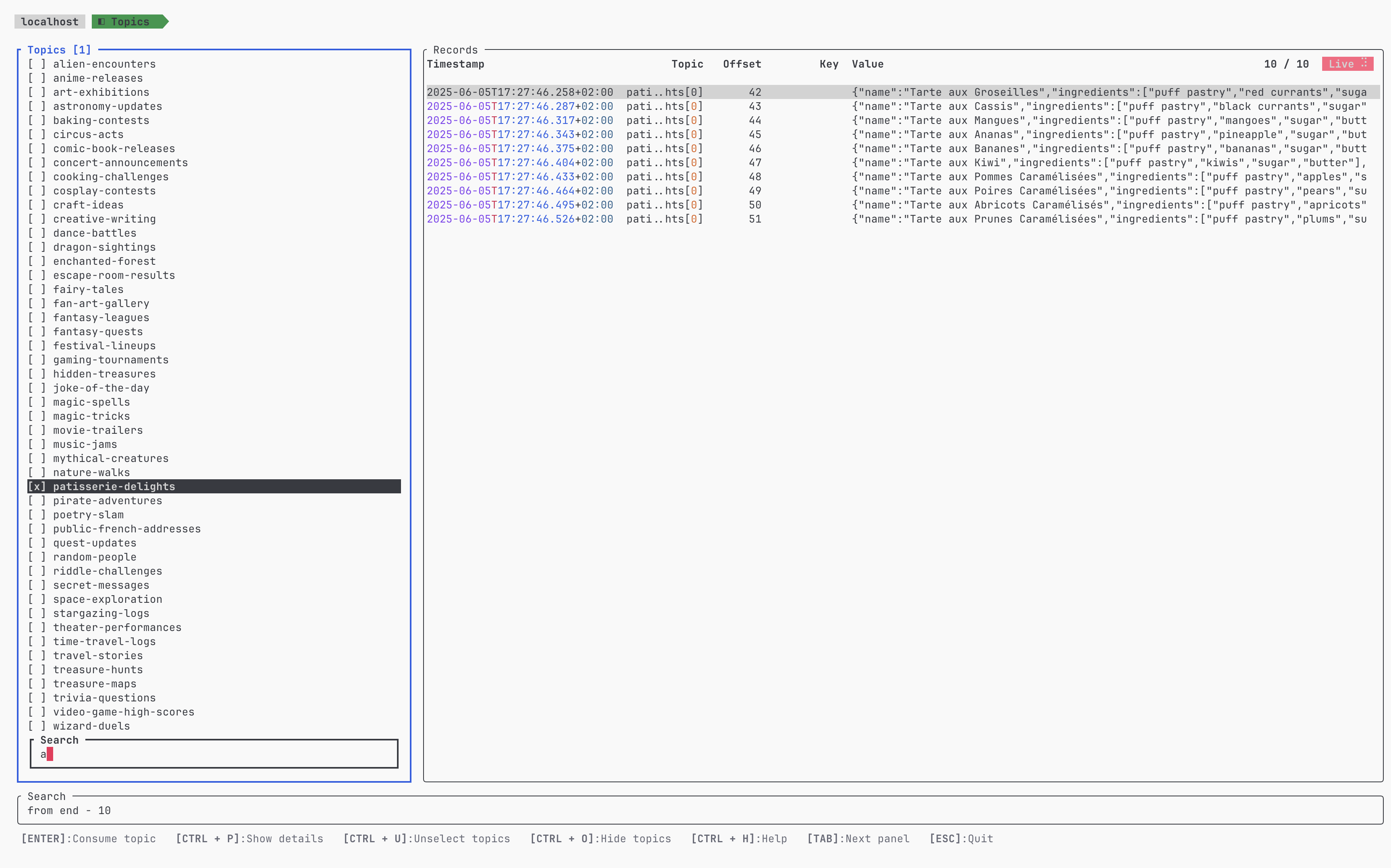 A TUI displays a list of topics on the left, a search bar below, and records with timestamps and values in a table on the right. 