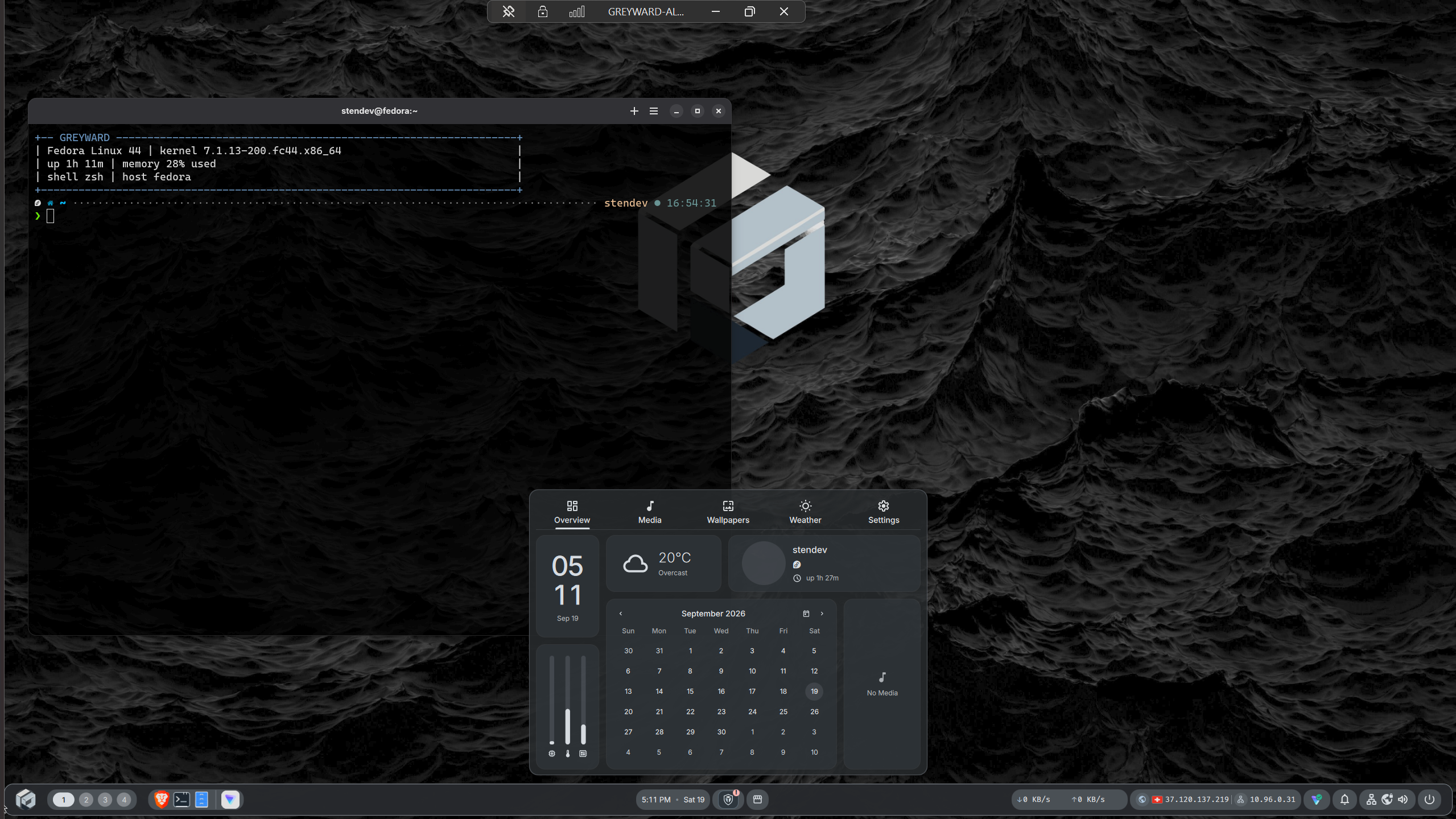 GREYWARD desktop overview with terminal and control center