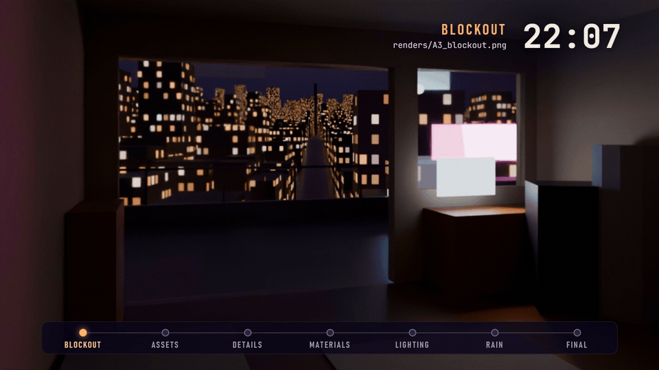 Stage renders of the rooftop study in order, from a grey blockout at 22:07 to the final frame at 01:37