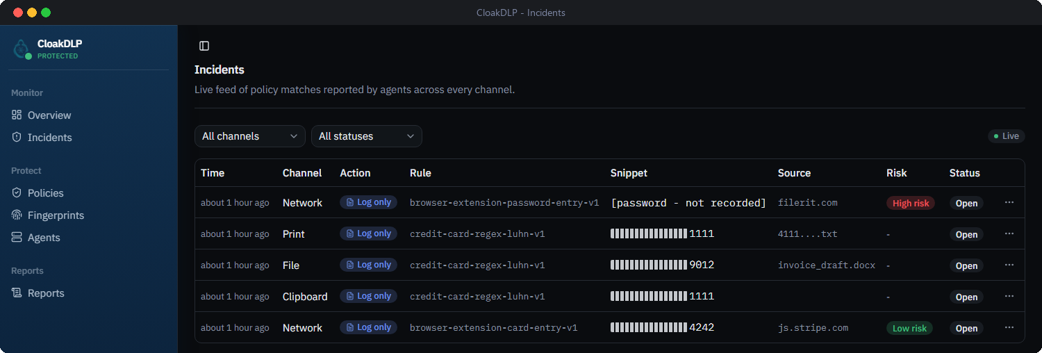 CloakDLP console showing the live incidents feed, with flagged and blocked card-entry events, redacted card numbers, source domains, and risk badges.