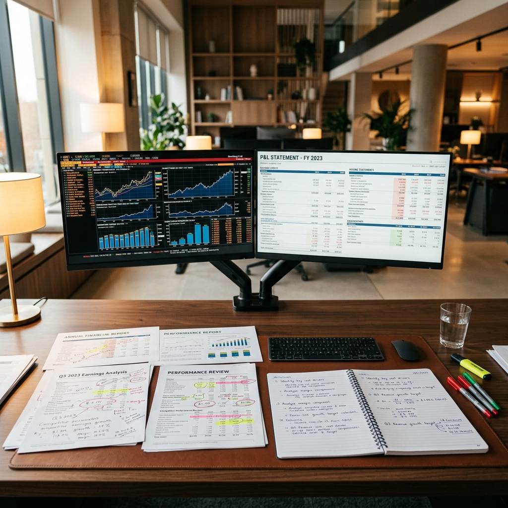 Financial analysis workspace with reports and charts