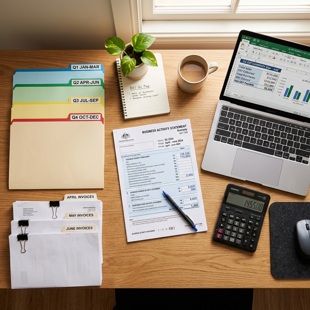 Quarterly BAS preparation with invoices sorted by month