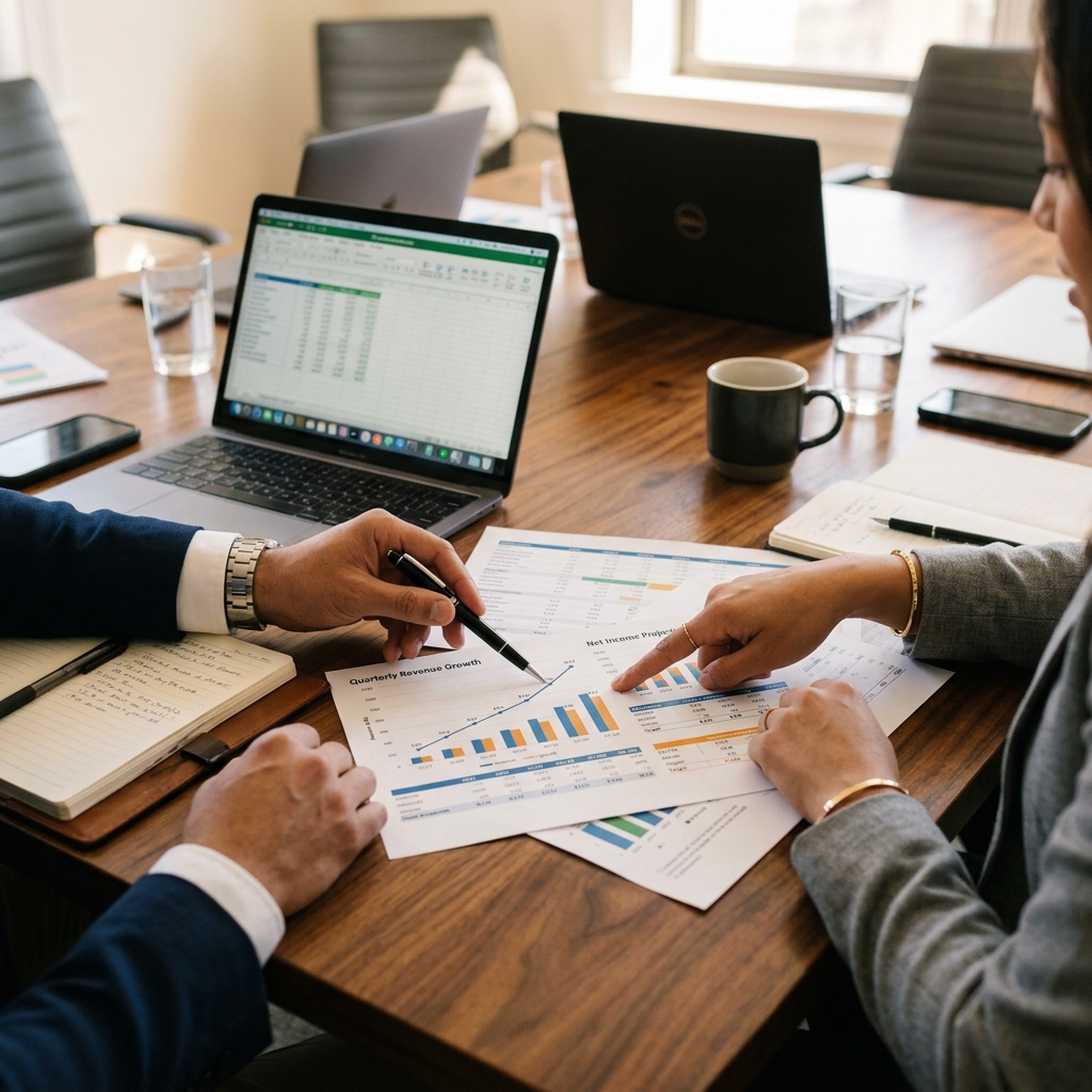Reviewing financial projections in business meeting