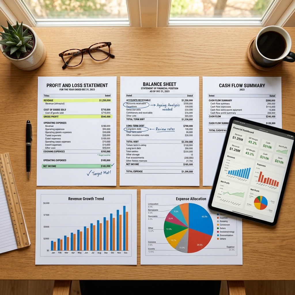 Financial reports with balance sheets and analysis