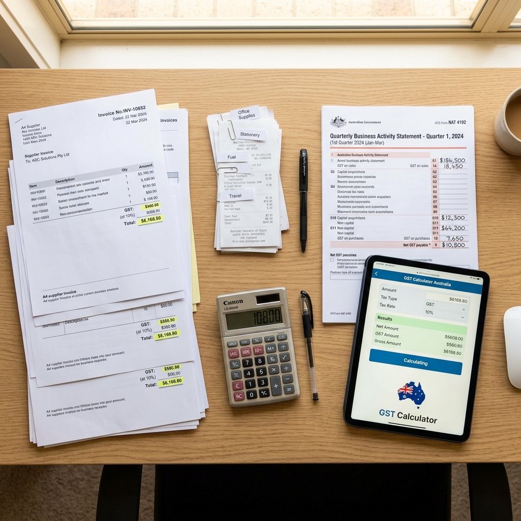 GST compliance with highlighted invoices and BAS form