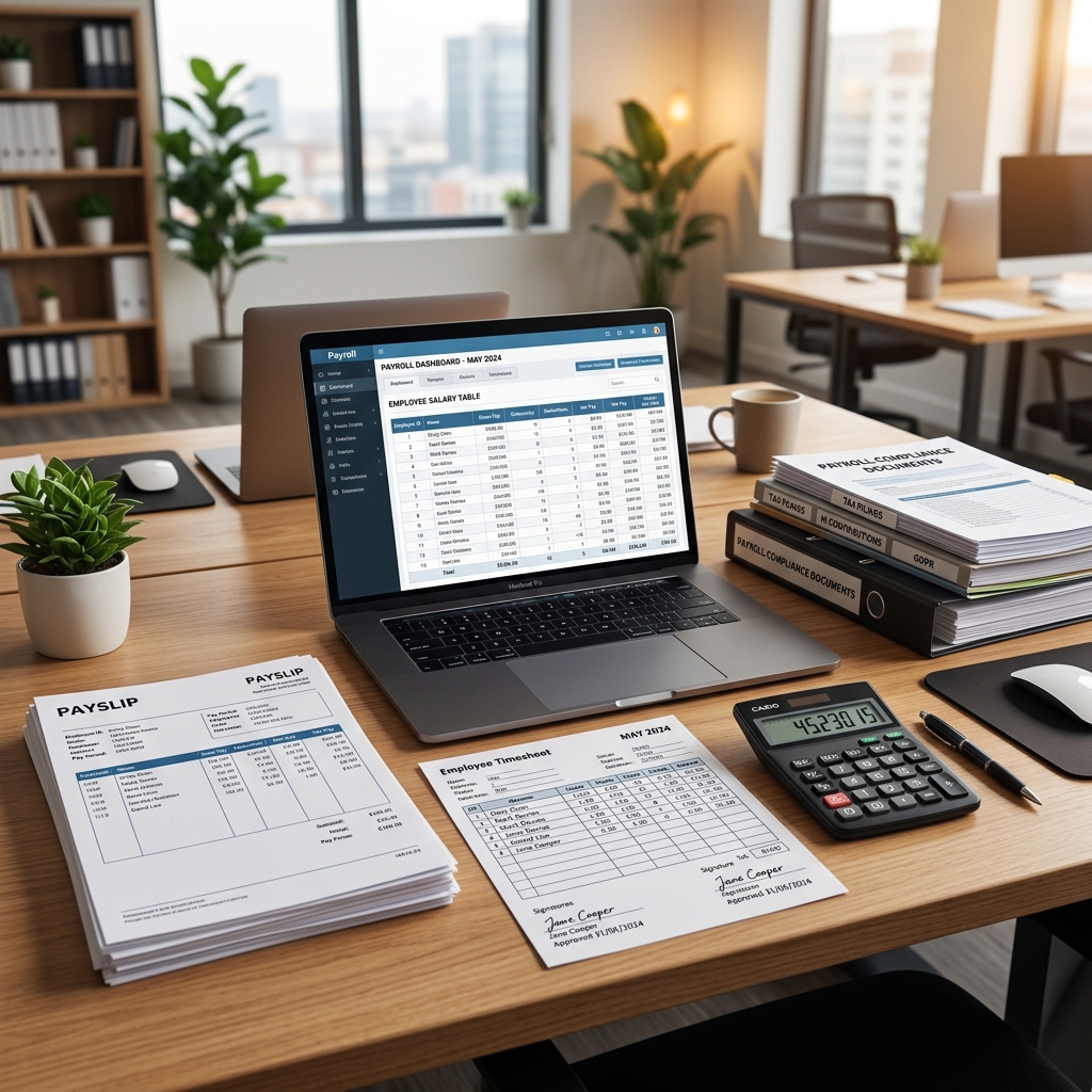 Payroll processing workspace with payslips